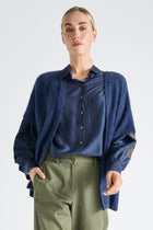 Open blauwe cardigan met korte mouw