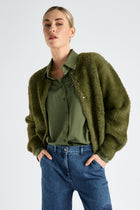 Collarless kaki fleece cardigan-jacket with snaps