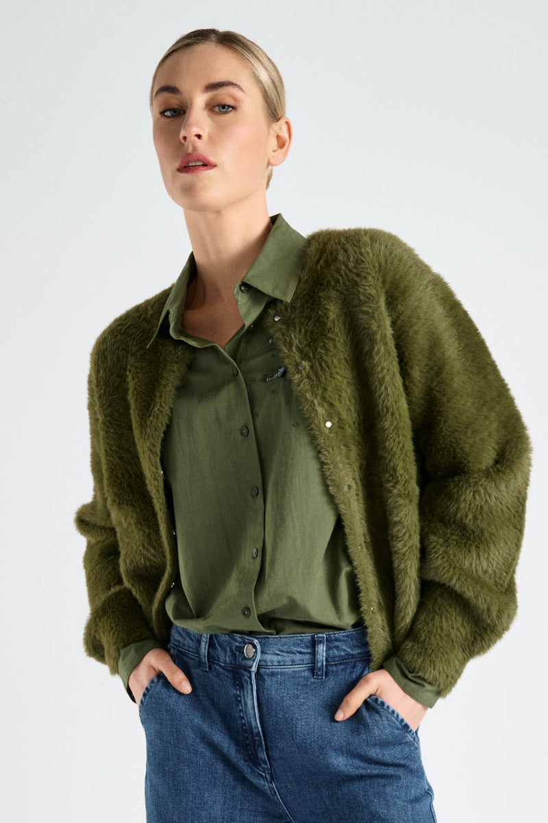 Fleece cardigan kaki sans col à pressions