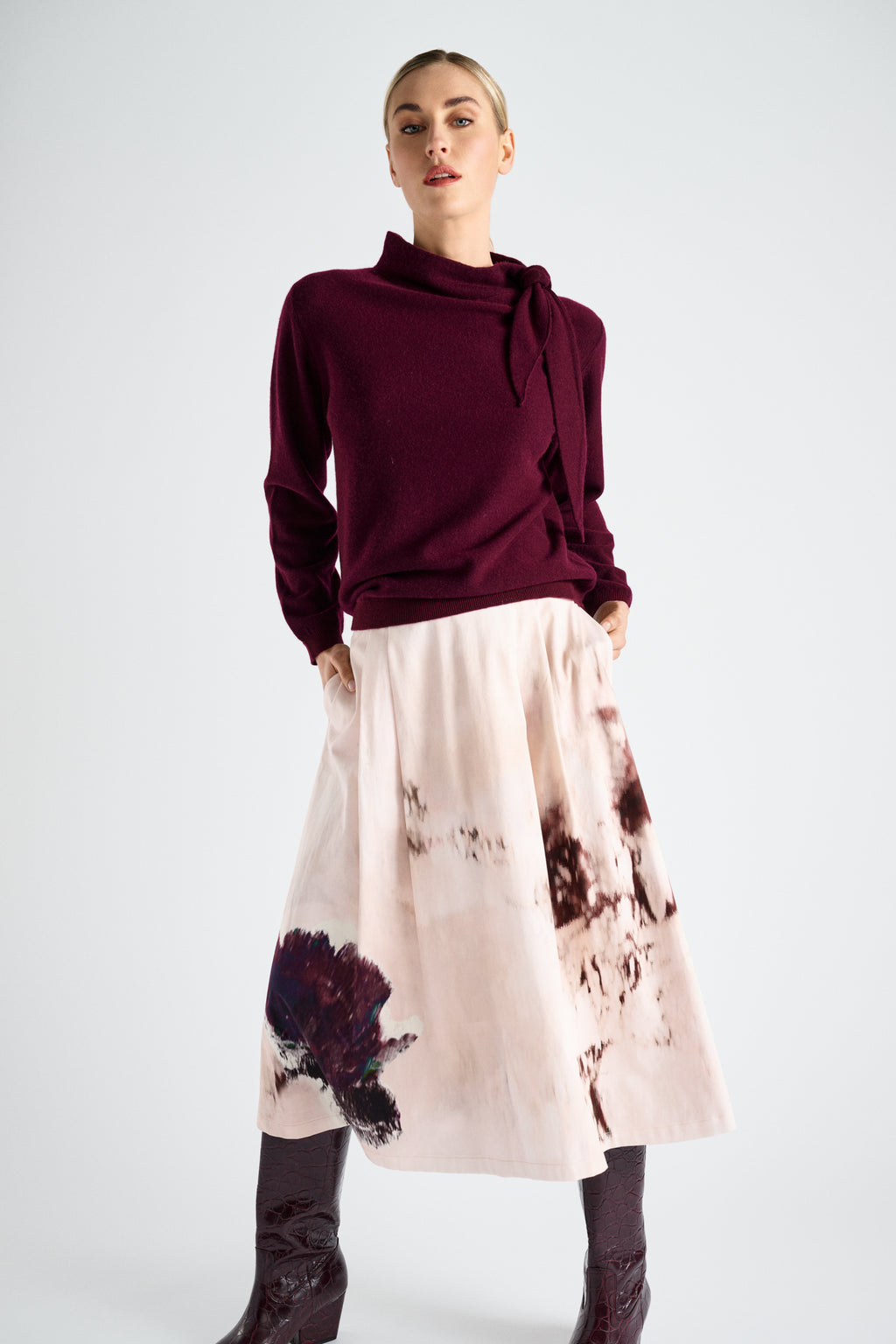 Boxy burgundy wool-mohair sweater with scarf collar