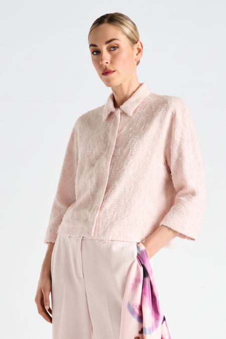 Hairy shiny cream shirt jacket with three-quarter sleeves