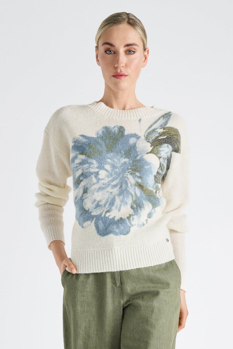 Ecru wol-alpaca trui met bloemenprint