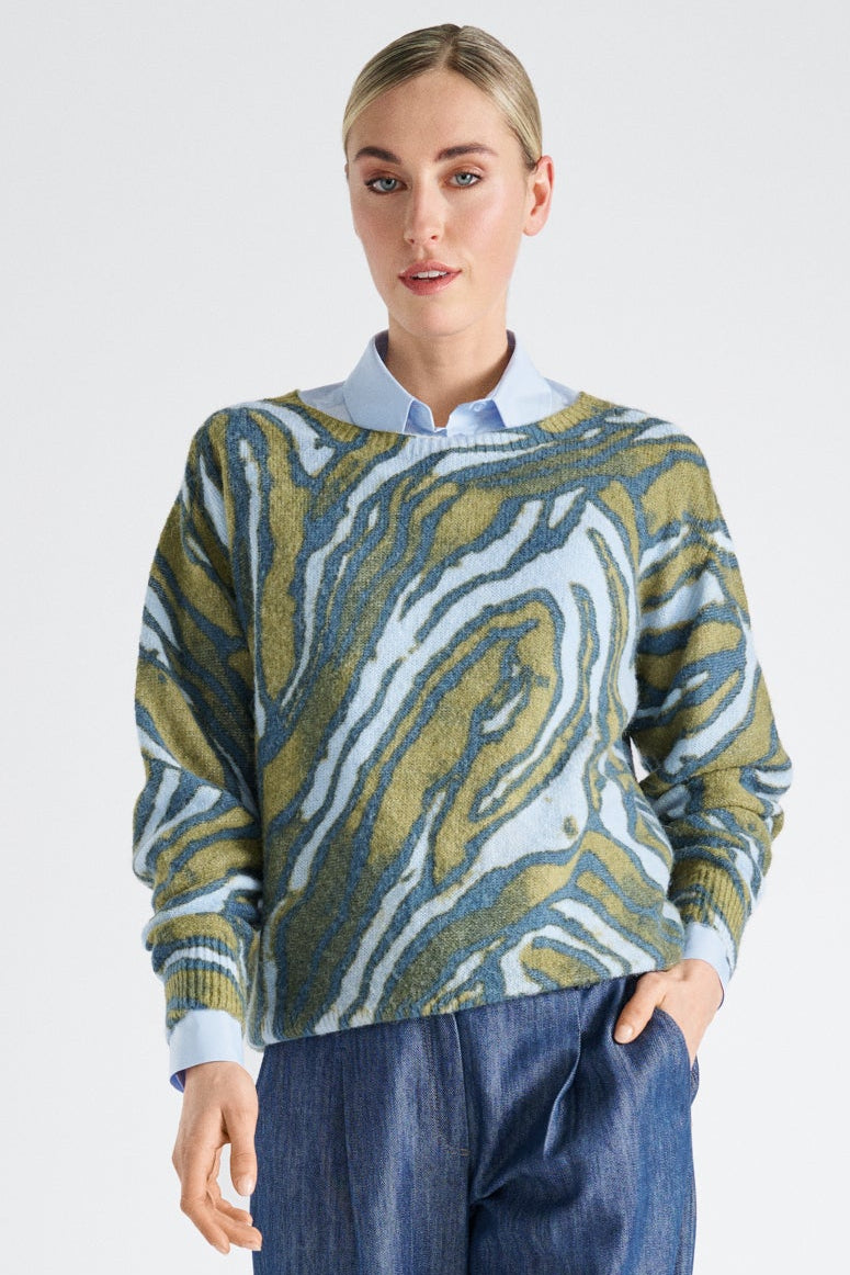 Wool-alpaca blue printed graphic sweater