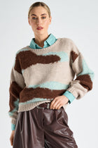 Pull graphique ample beige turquoise en alpaga