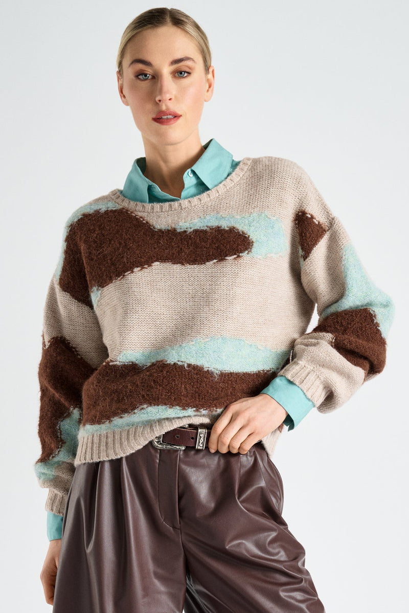 Pull graphique ample beige turquoise en alpaga