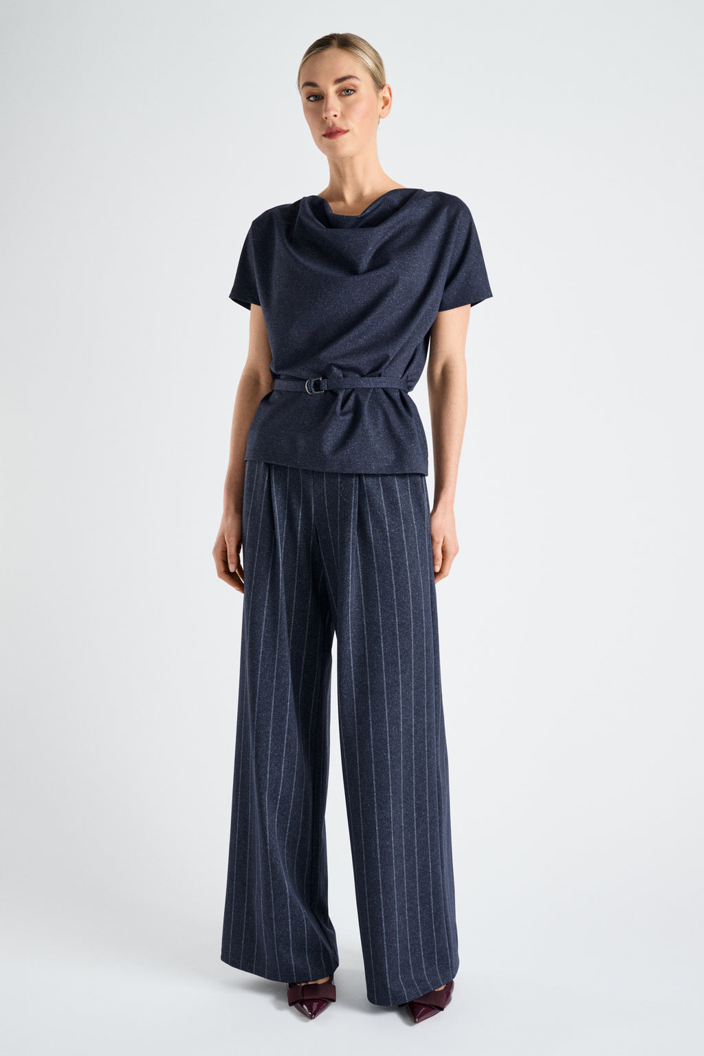 Navy short sleeve satin top with belt