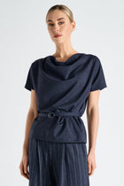 Navy short sleeve satin top with belt