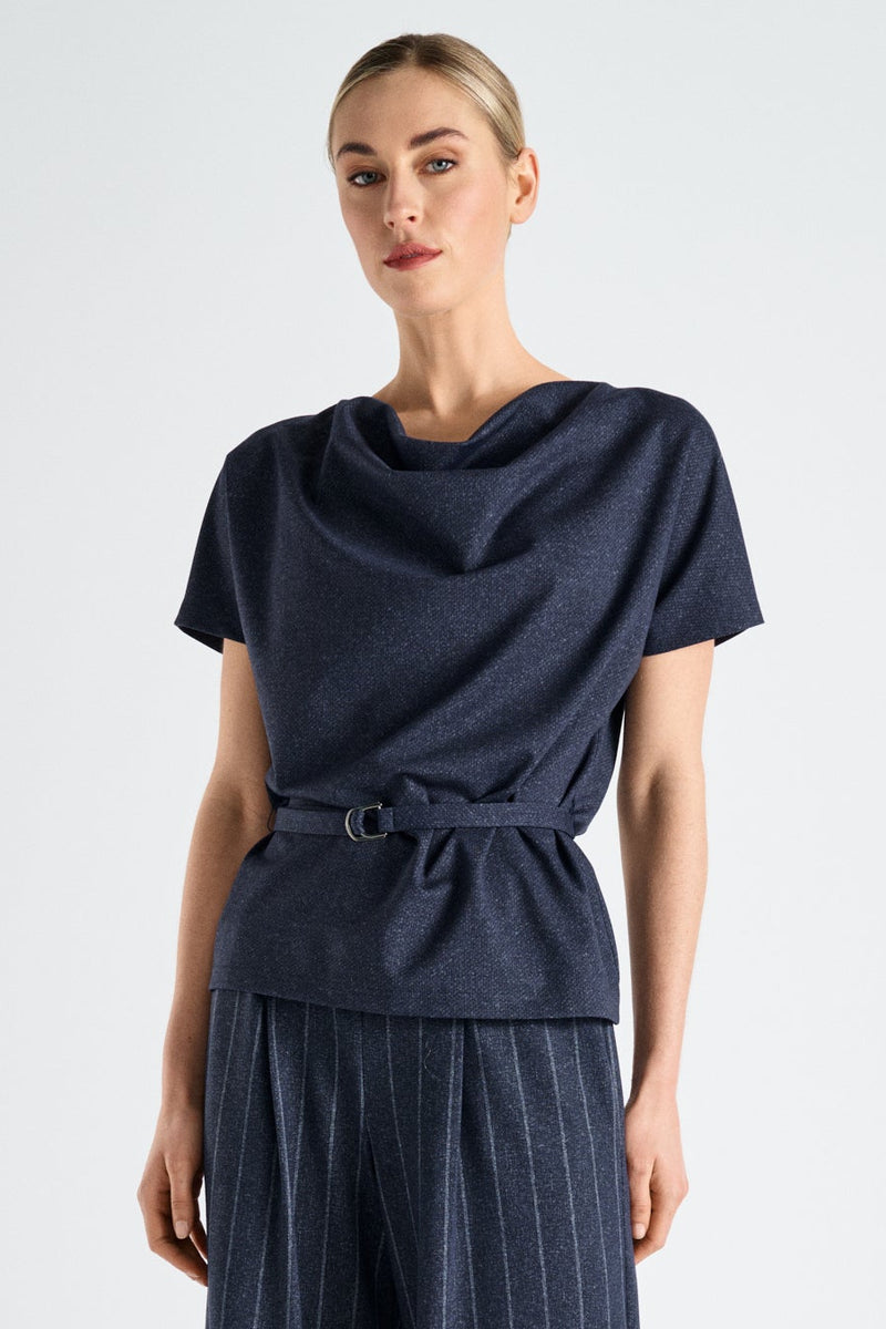 Navy short sleeve satin top with belt