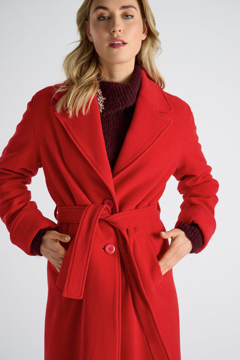 Long red coat with buttons and belt