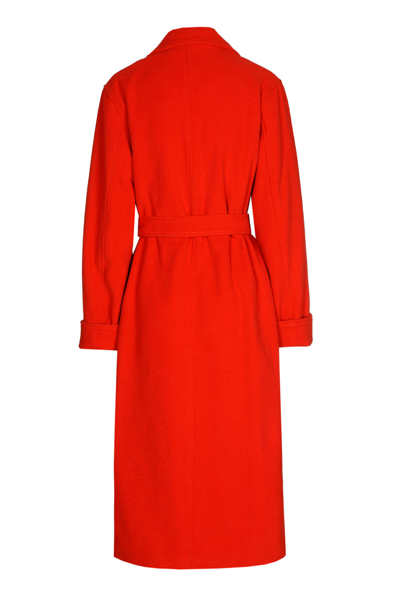 Long red coat with buttons and belt