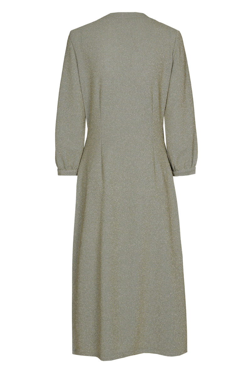 Groen kleed met lurex en knoop in de taille