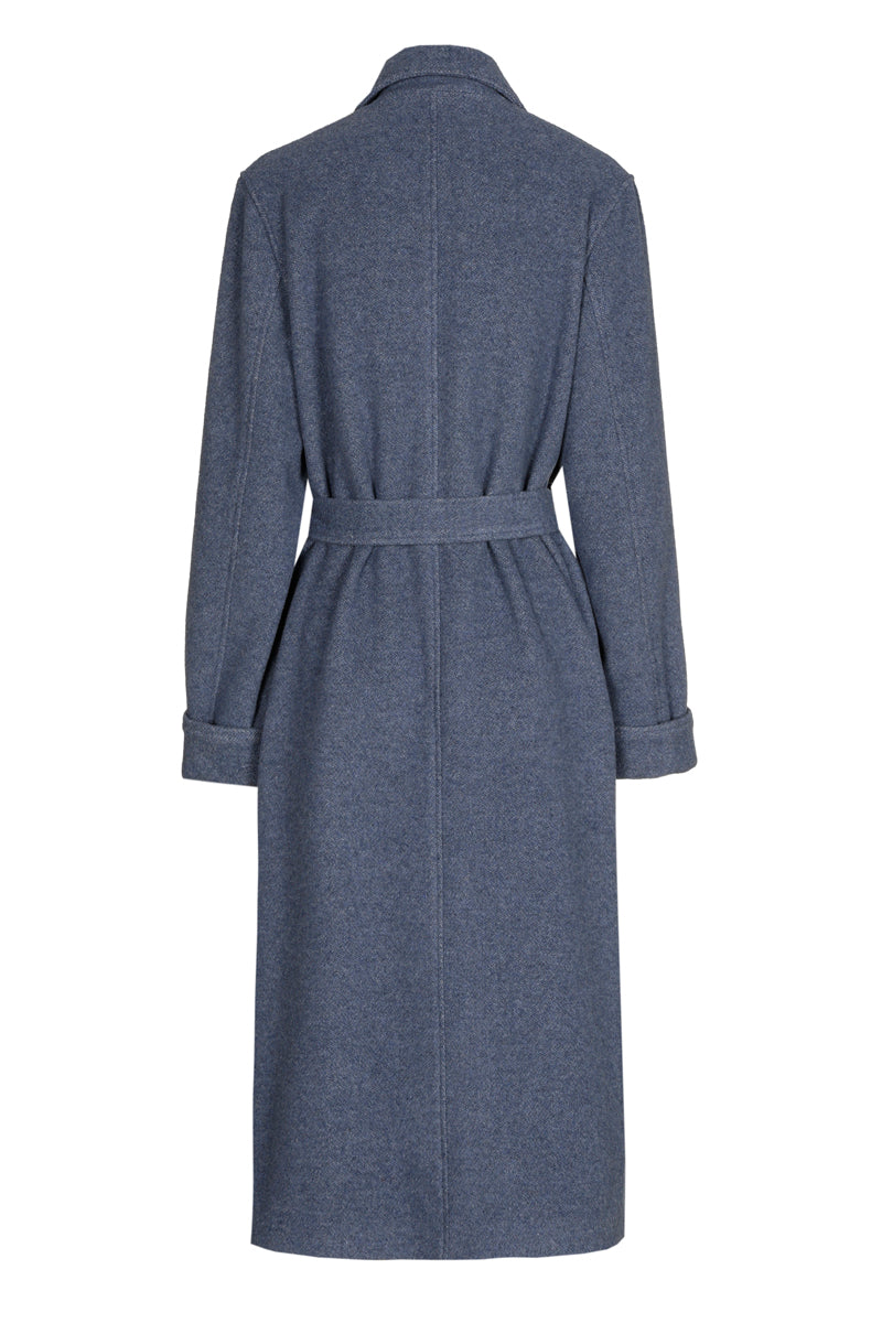 Lange blauwe mantel met knoopsluiting en riem