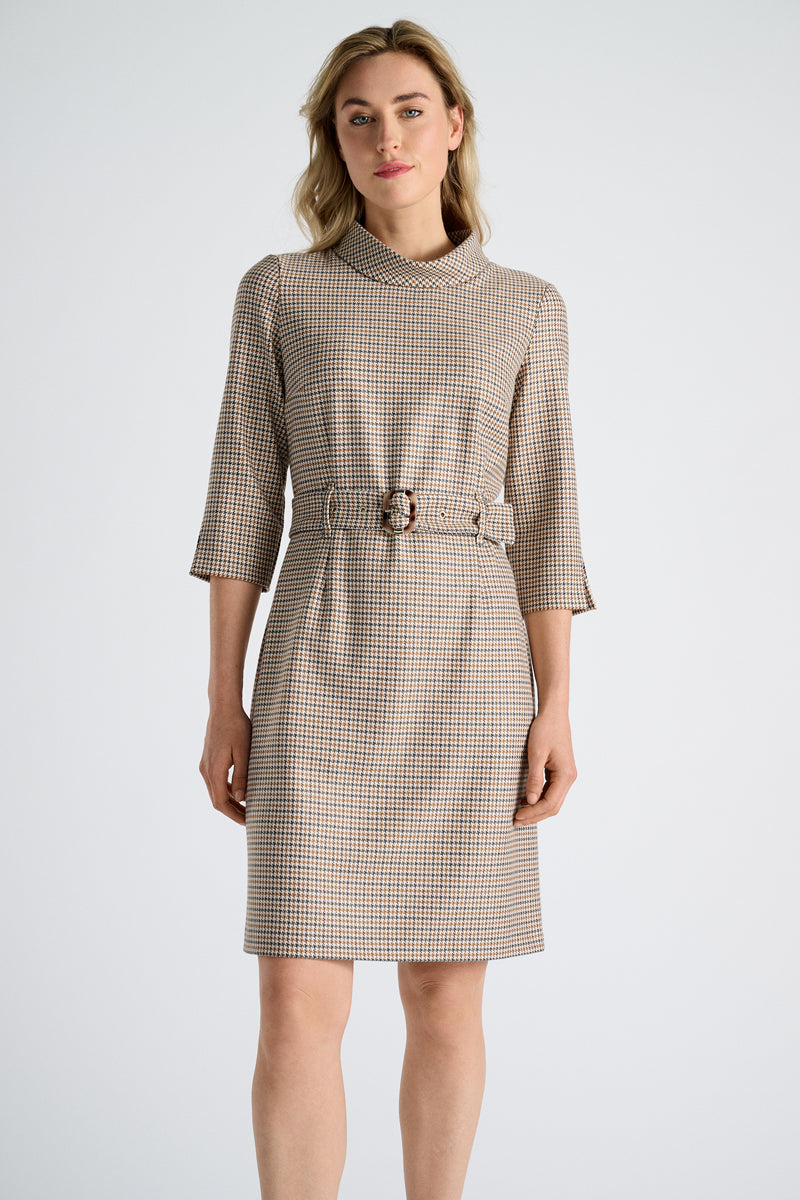 Checked dress with stand-up collar