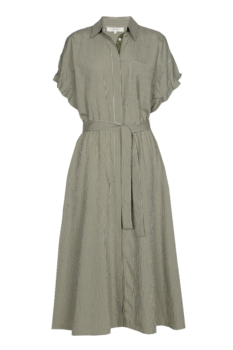EN EXCLUSIVITÉ DANS NOS CONCEPT STORES: Robe rayée verte avec volants sur les manches