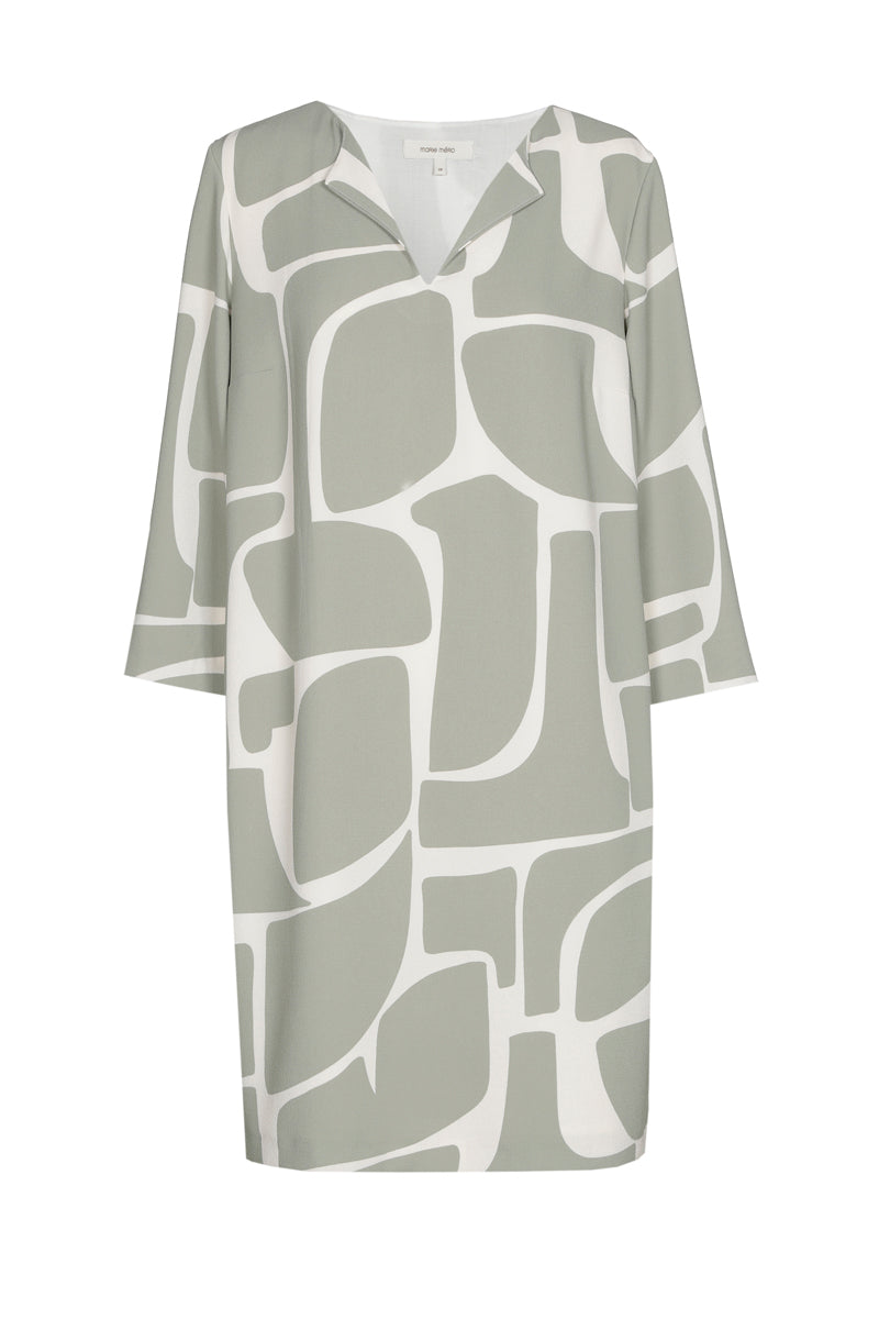 Kleed met v-hals in taupe met ecru print