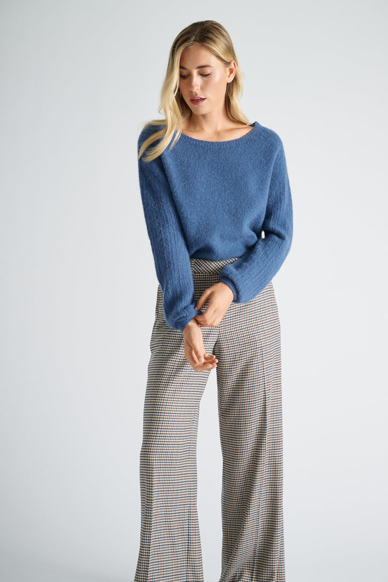 Blauwe pull met ronde hals in alpaca