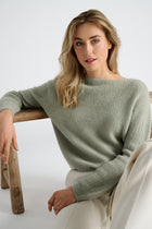 Olive colored round neck sweater in alpaca