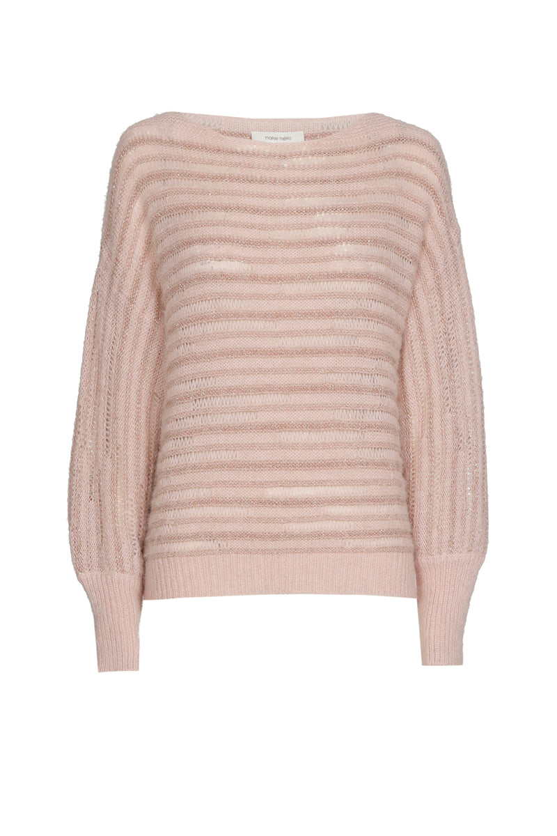 Pull rose clair à col rond avec fines rayures