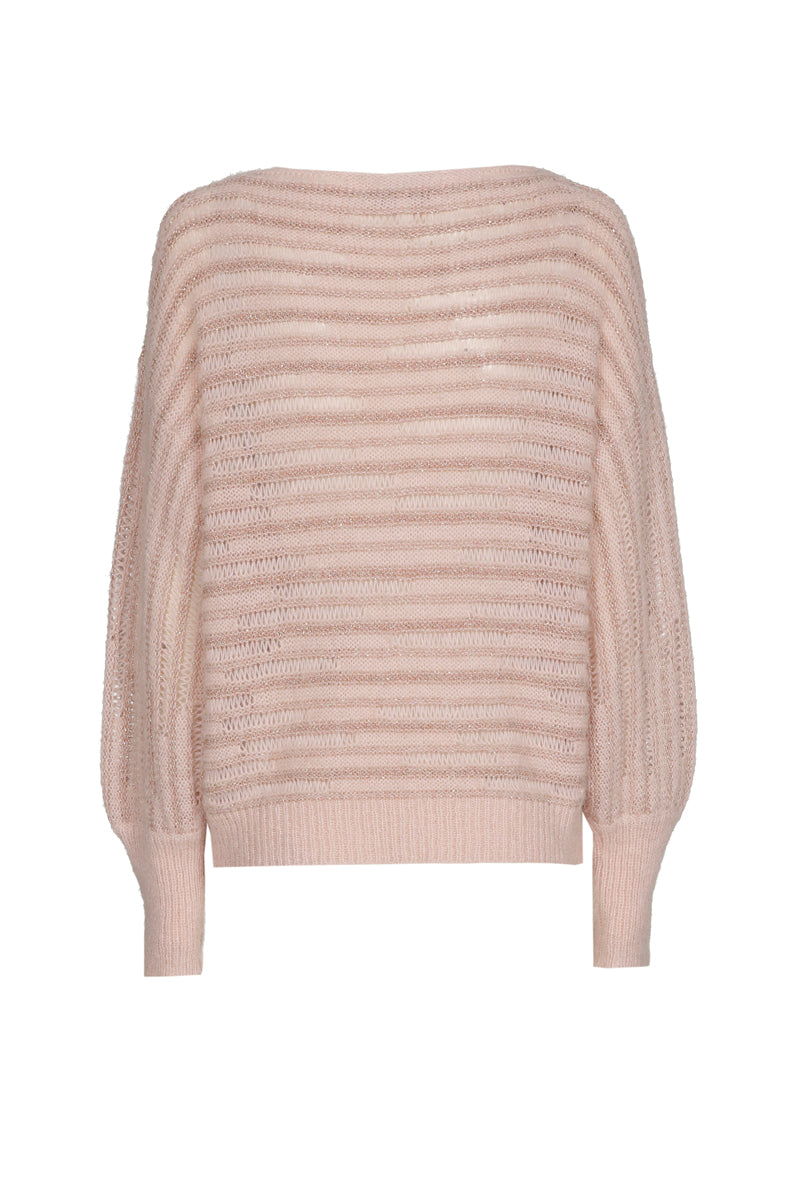 Pull rose clair à col rond avec fines rayures