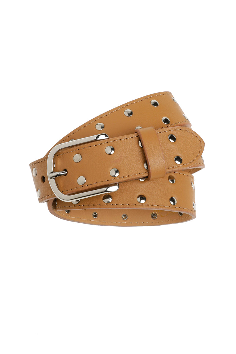 Ceinture en cuir cognac avec clous métalliques