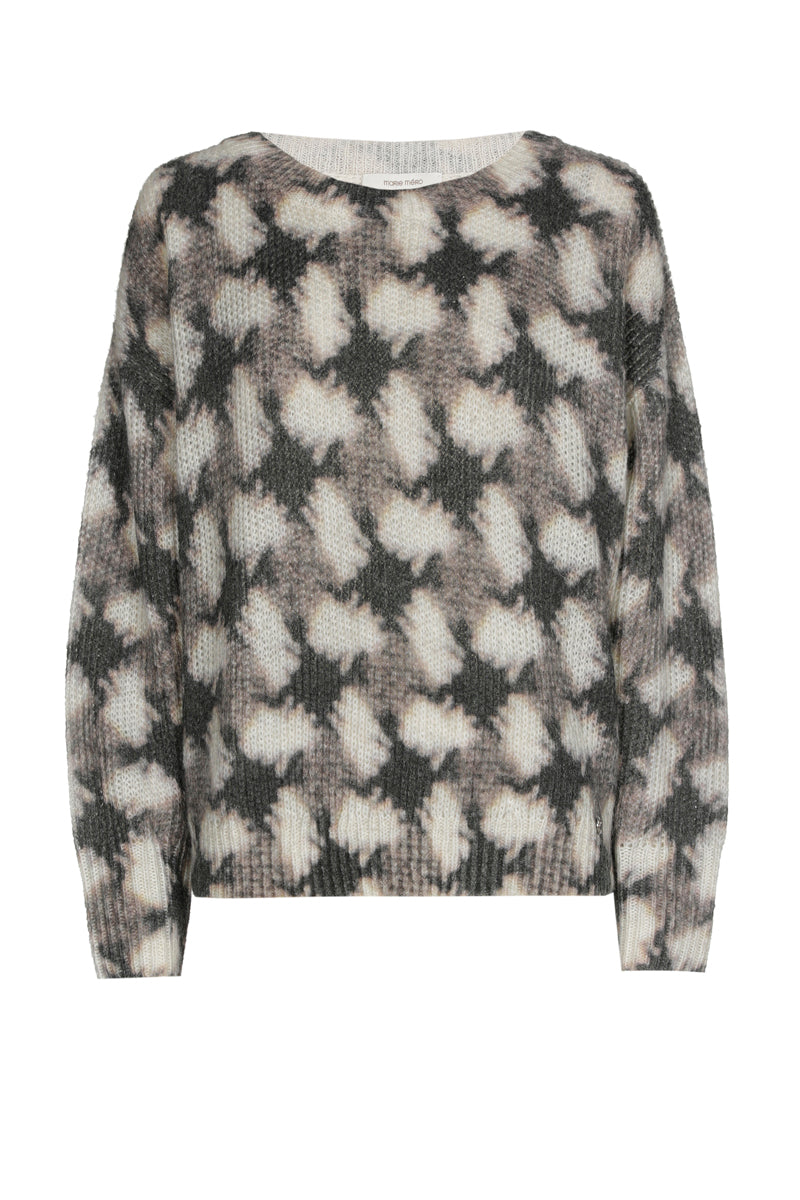 Pull ronde hals met motief in taupe en ecru