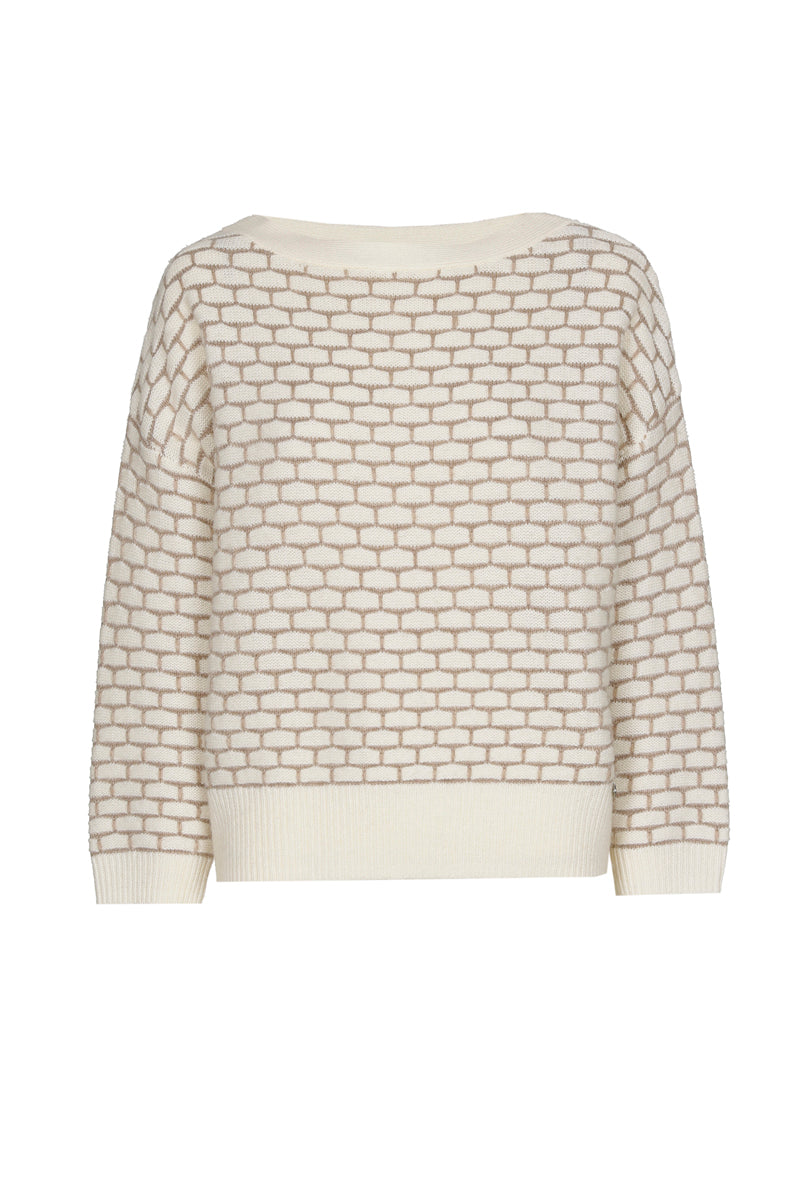 Ecru pull met beige structuurprint