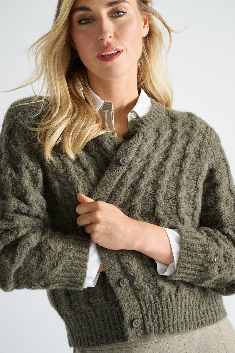 Khaki cardigan with round neck and button closure
