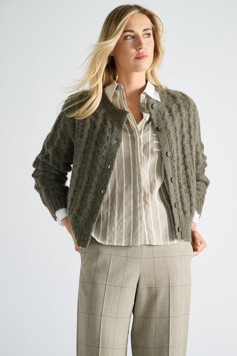 Khaki cardigan with round neck and button closure