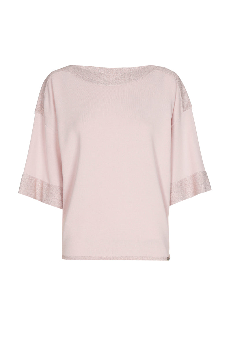 Roze pull met boothals en contrastboord