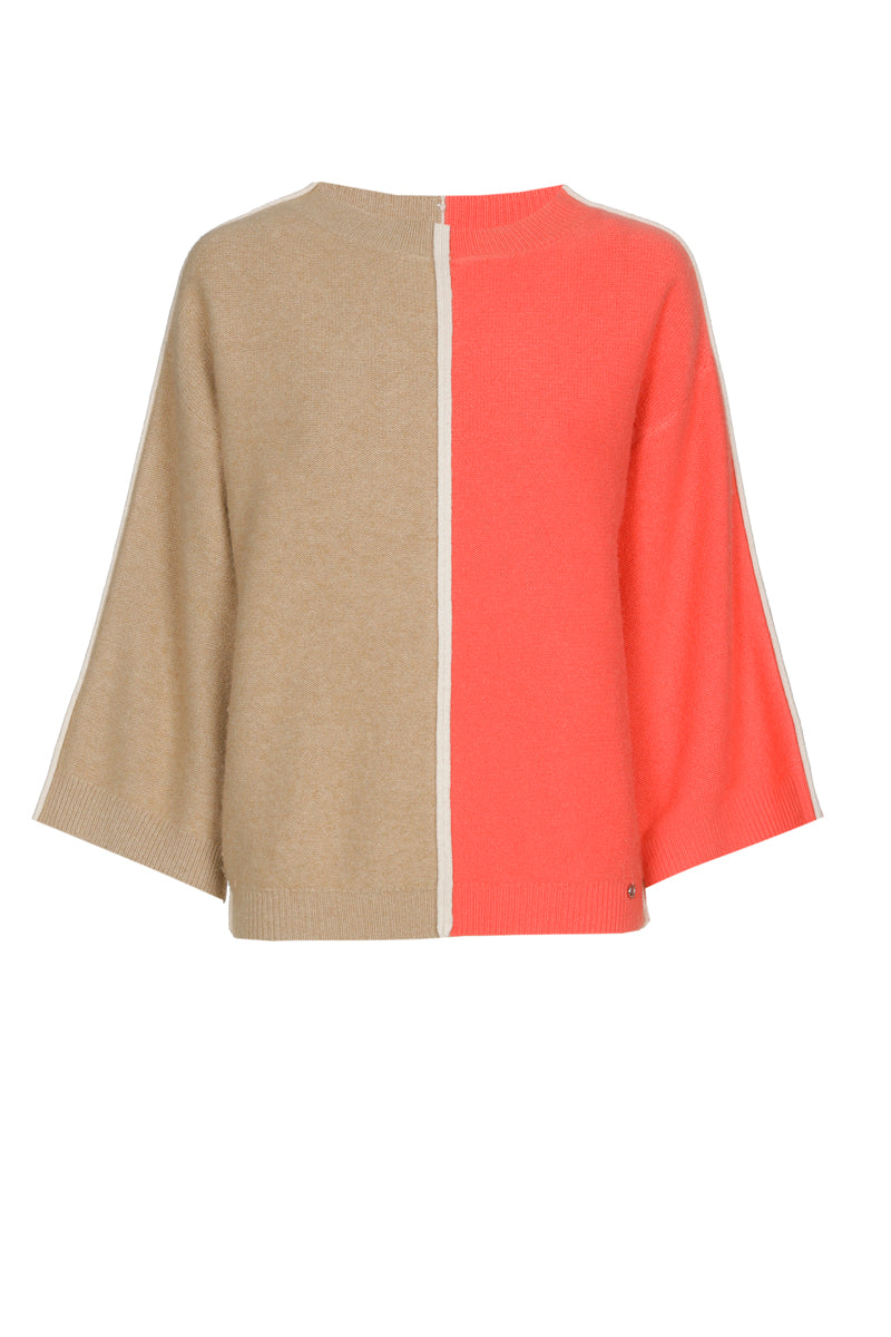 Pull bicolour with vertical stripe in camel and coral