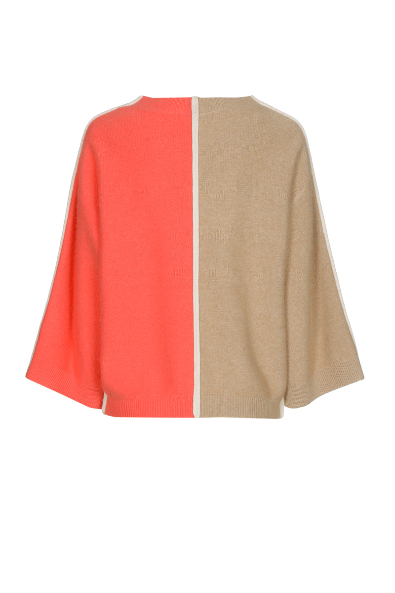 Pull bicolour with vertical stripe in camel and coral