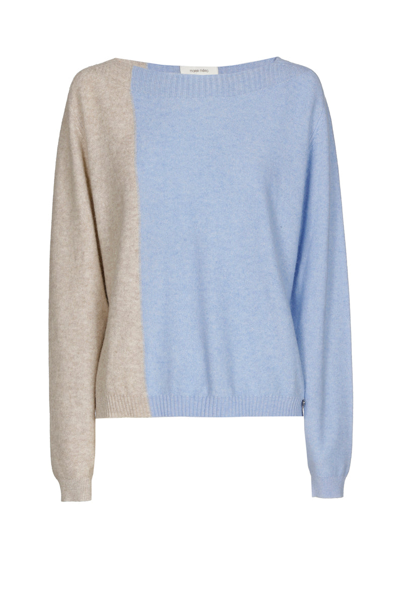 Pull bicolore avec rayure verticale en bleu clair et beige