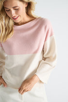 Sweater with horizontal stripe in ecru and pink