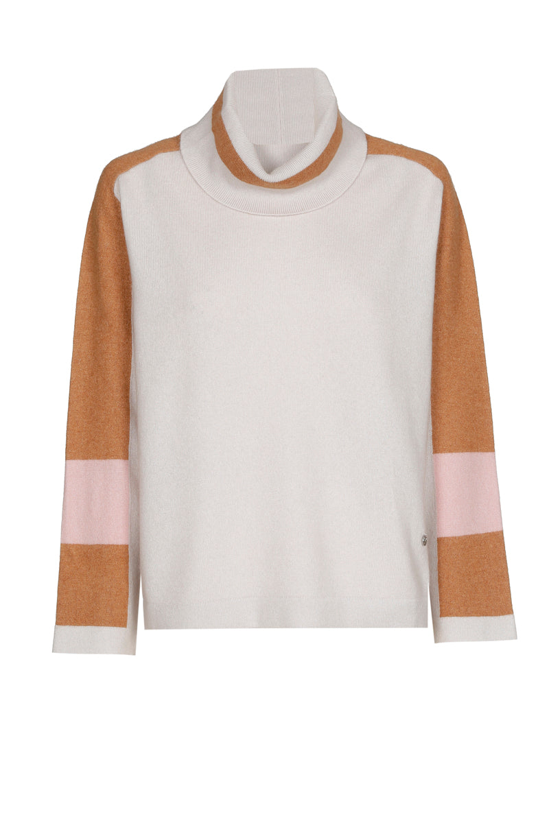 Beige pull met rolkraag en color blocking