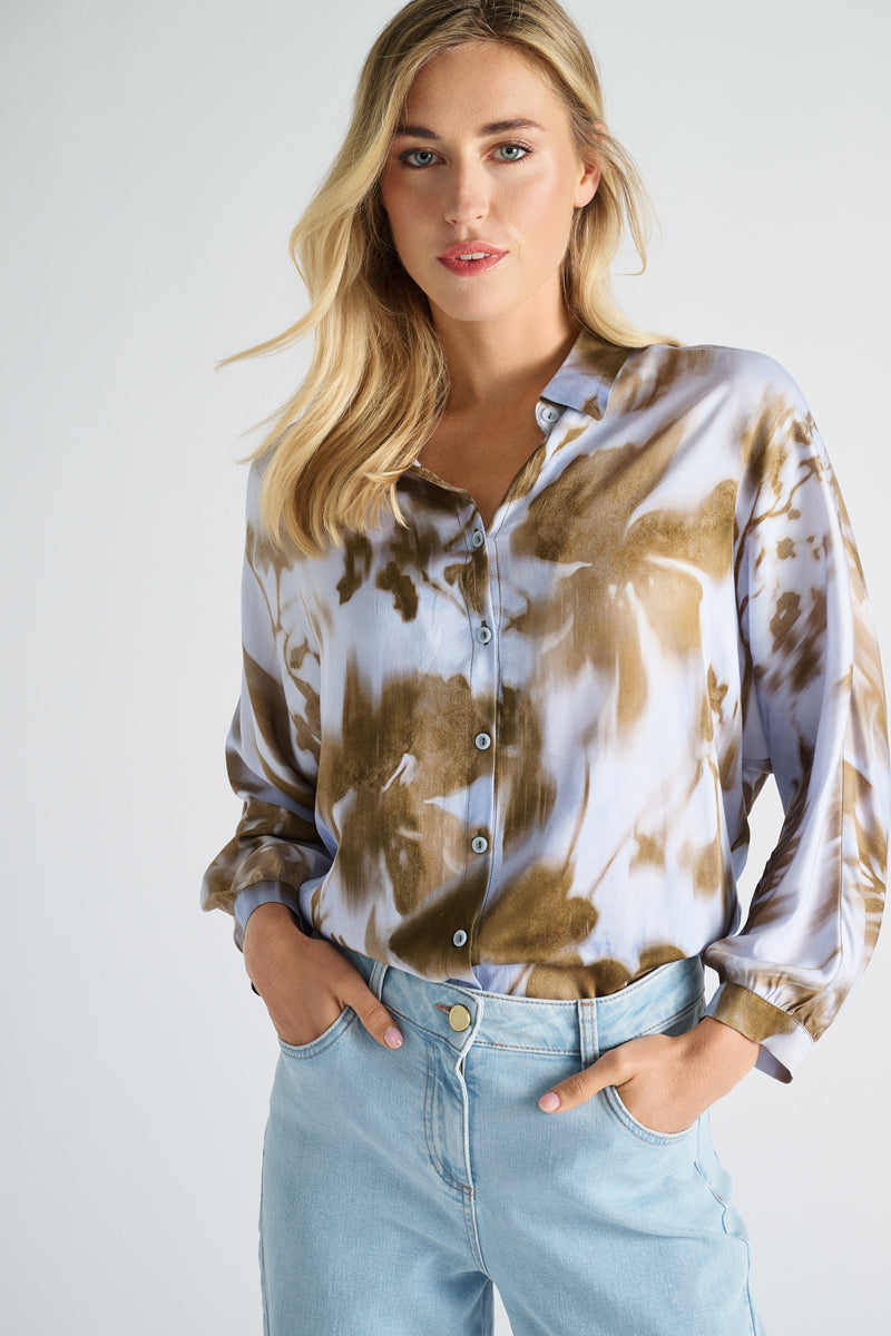 Chemisier en viscose à imprimé bleu et taupe