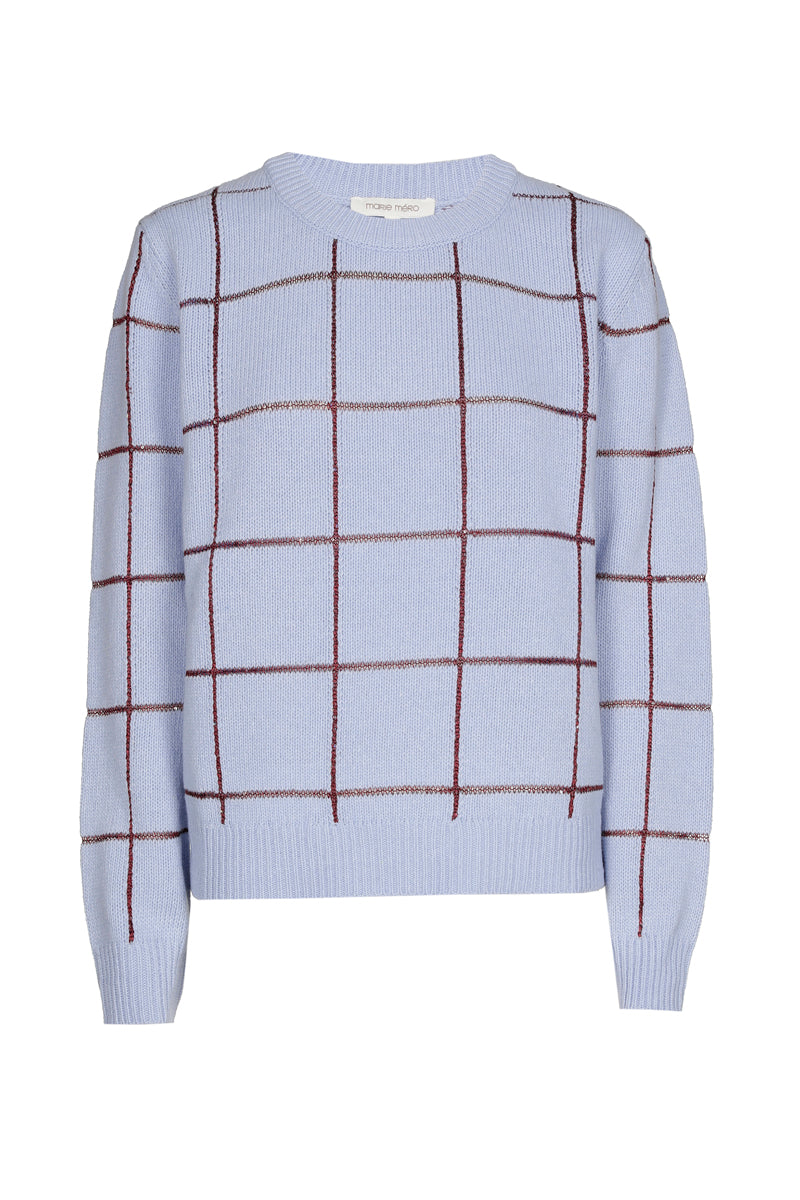 Lichtblauwe pull met bordeaux ruiten