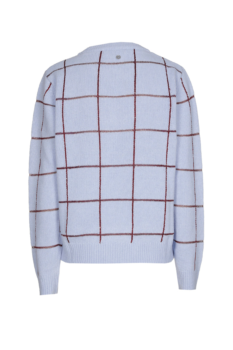 Lichtblauwe pull met bordeaux ruiten
