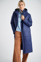Long indigo blue parka with hood