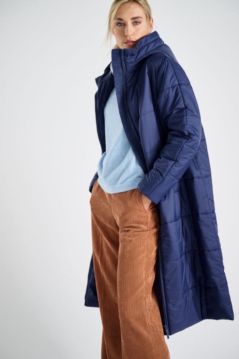 Long indigo blue parka with hood