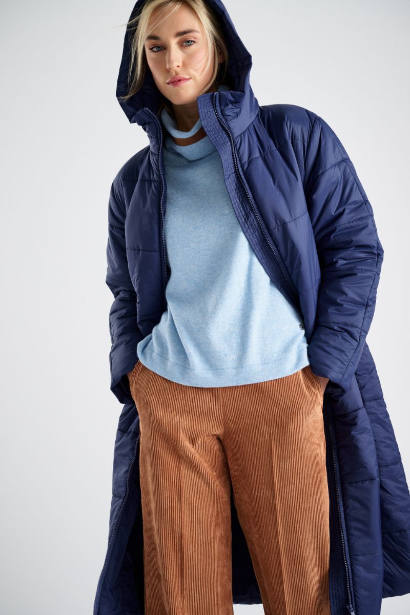 Long indigo blue parka with hood