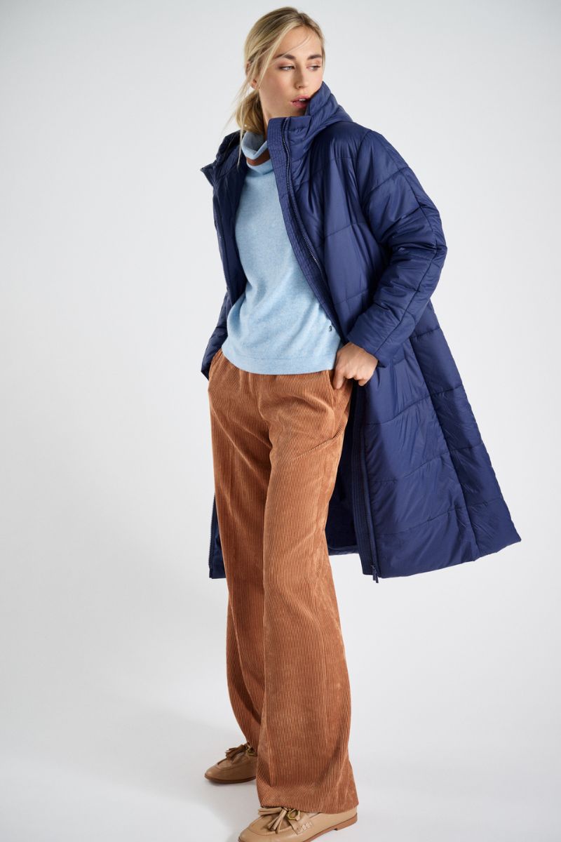 Long indigo blue parka with hood