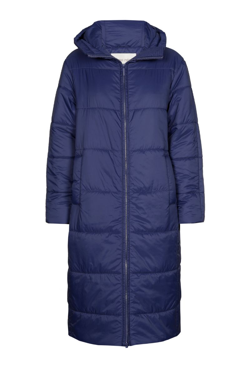 Long indigo blue parka with hood