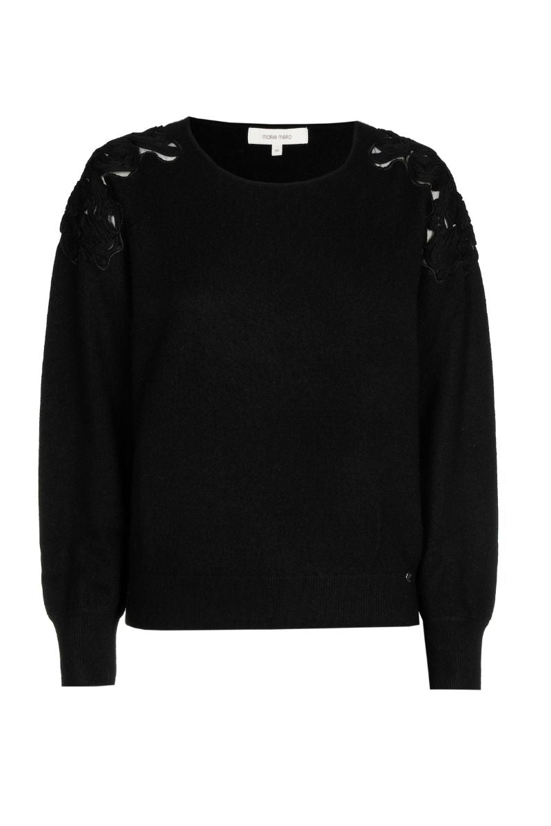Zwarte pull met ronde hals en broderie op de schouders