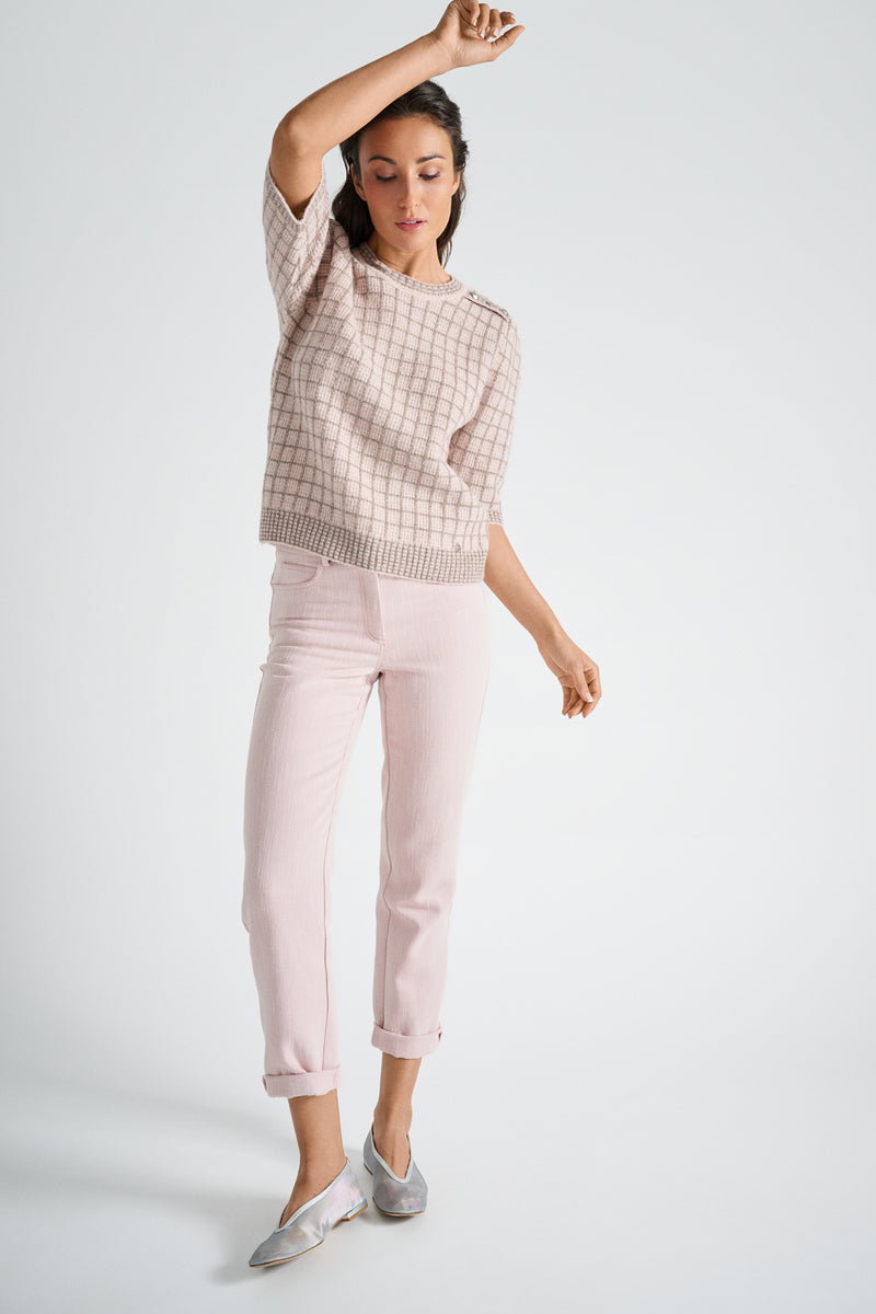 Pull met korte mouw in roze en taupe