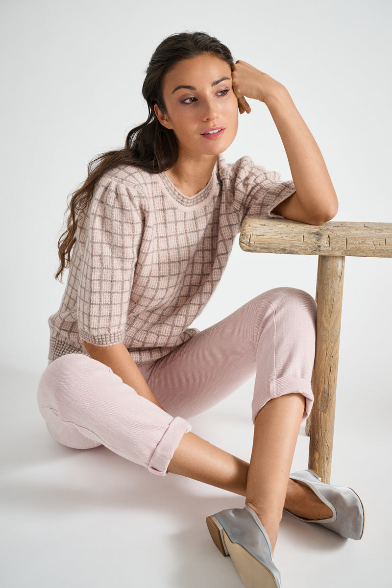 Pull met korte mouw in roze en taupe