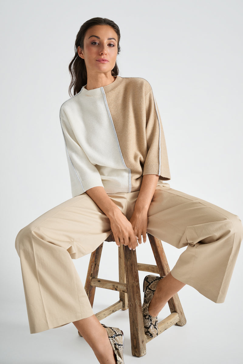 Pull bicolor met verticale streep in camel en crème