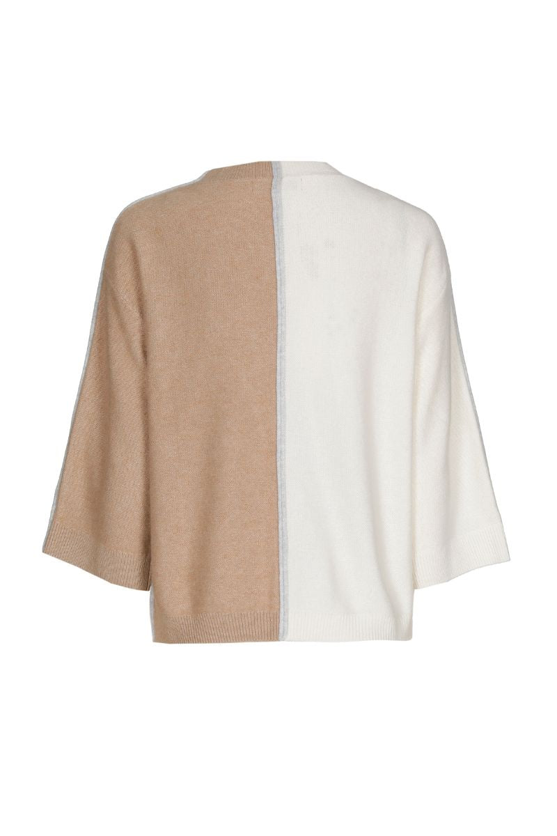 Pull bicolor met verticale streep in camel en crème