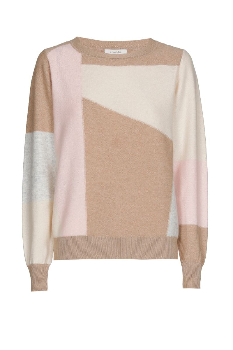 Walnut-coloured pull round neck with colour blocking