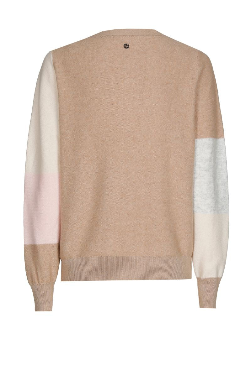 Walnut-coloured pull round neck with colour blocking