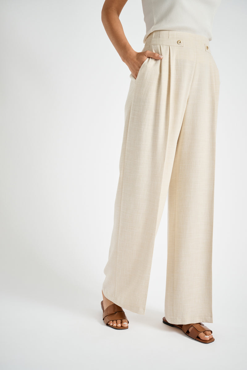 Pantalon large beige avec taille haute